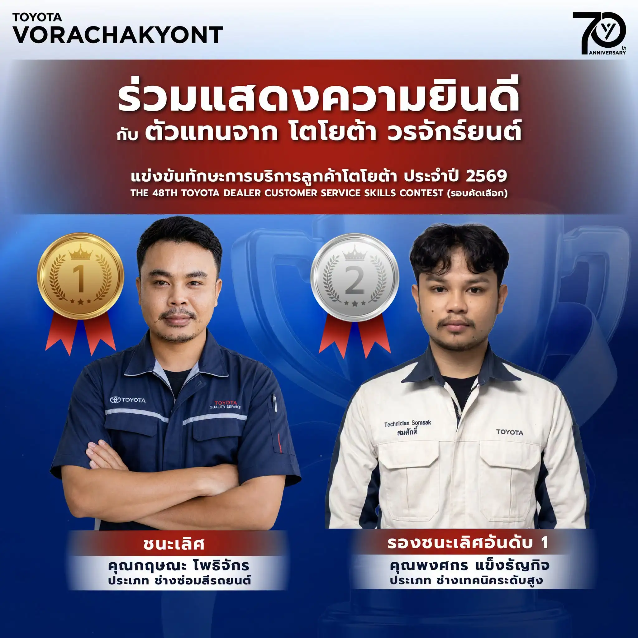 🏆 ขอแสดงความยินดีกับความสำเร็จของตัวแทนจาก โตโยต้า วรจักร์ยนต์ ที่เข้าร่วมแข่งขันทักษะการบริการลูกค้าโตโยต้า ประจำปี 2569